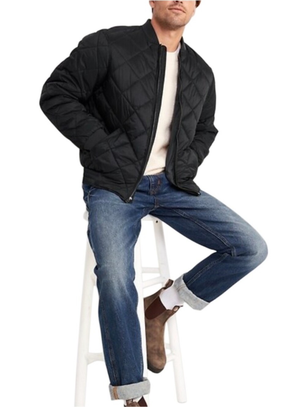 Old Navy Men's Black Quilted Zip-Up Water-Resistant Bomber Jacket NWOT Size M